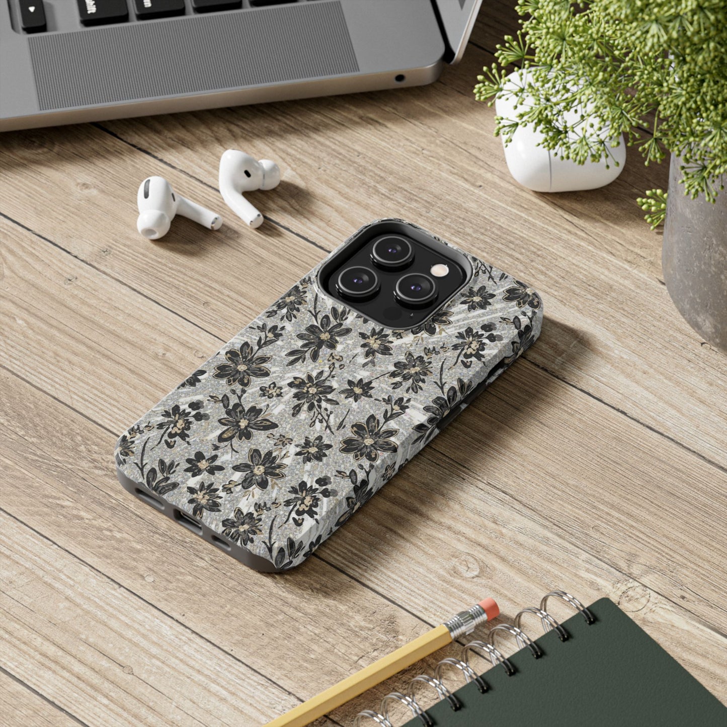 Floral Vintage Tough Phone Case — Black & Gray Rustic Flower Protective Case