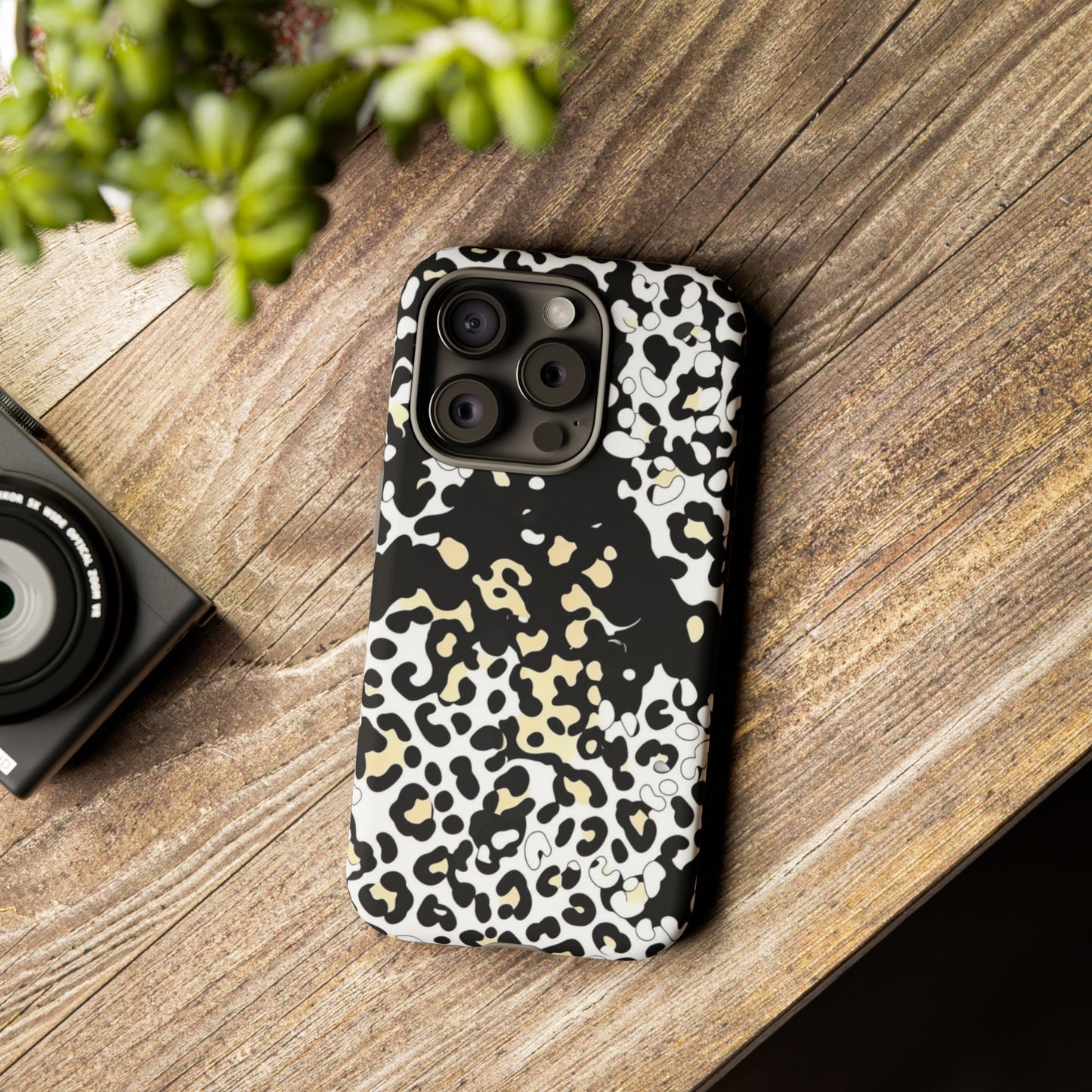 Leopard Splash Tough Phone Case — Black & Cream Animal Print Protective Cover