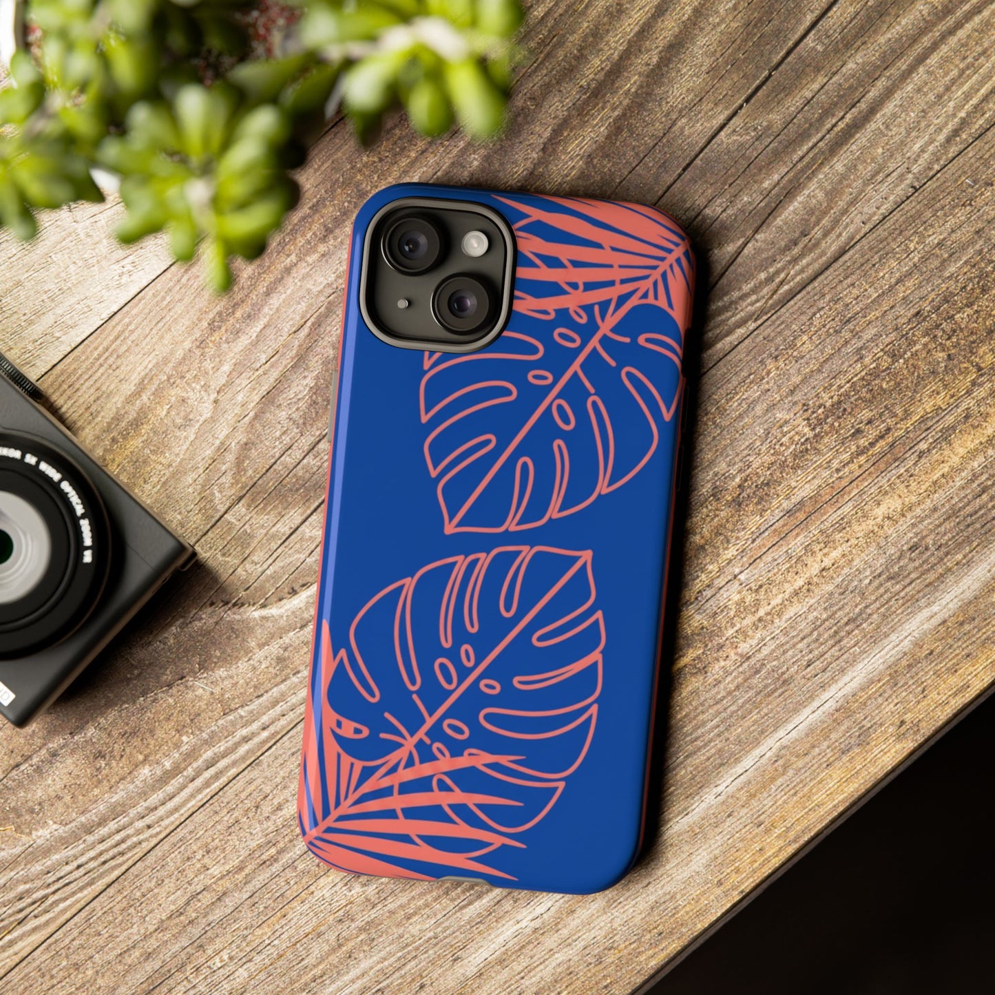Tropical Monstera Phone Case — Blue & Coral Leaf Protective Cover