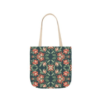 Floral Kaleidoscope Canvas Tote Bag — Green & Coral Patterned Market Tote