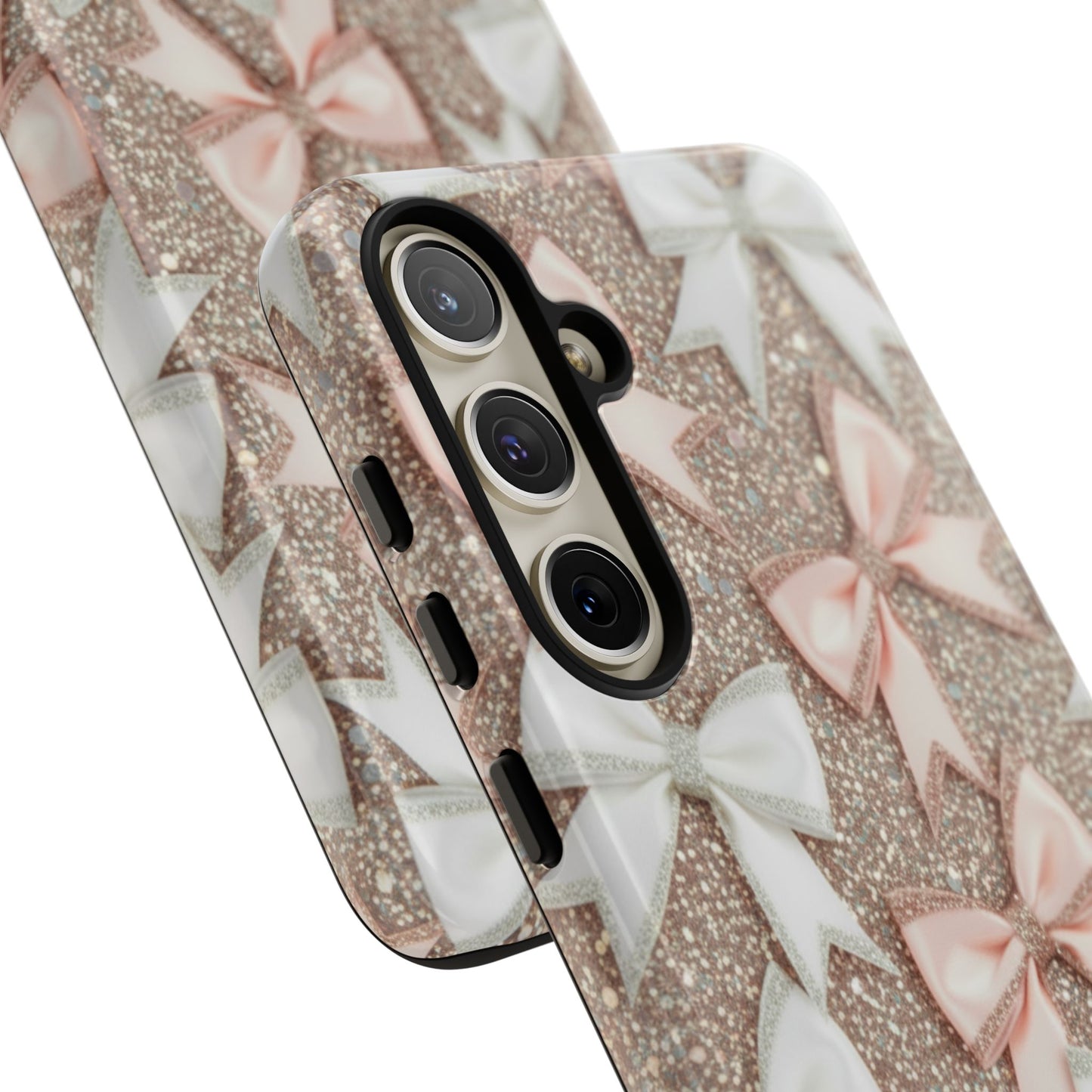 Glitter Bow Tough Phone Case — Pink & White Ribbon Protective Cover
