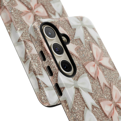 Glitter Bow Tough Phone Case — Pink & White Ribbon Protective Cover