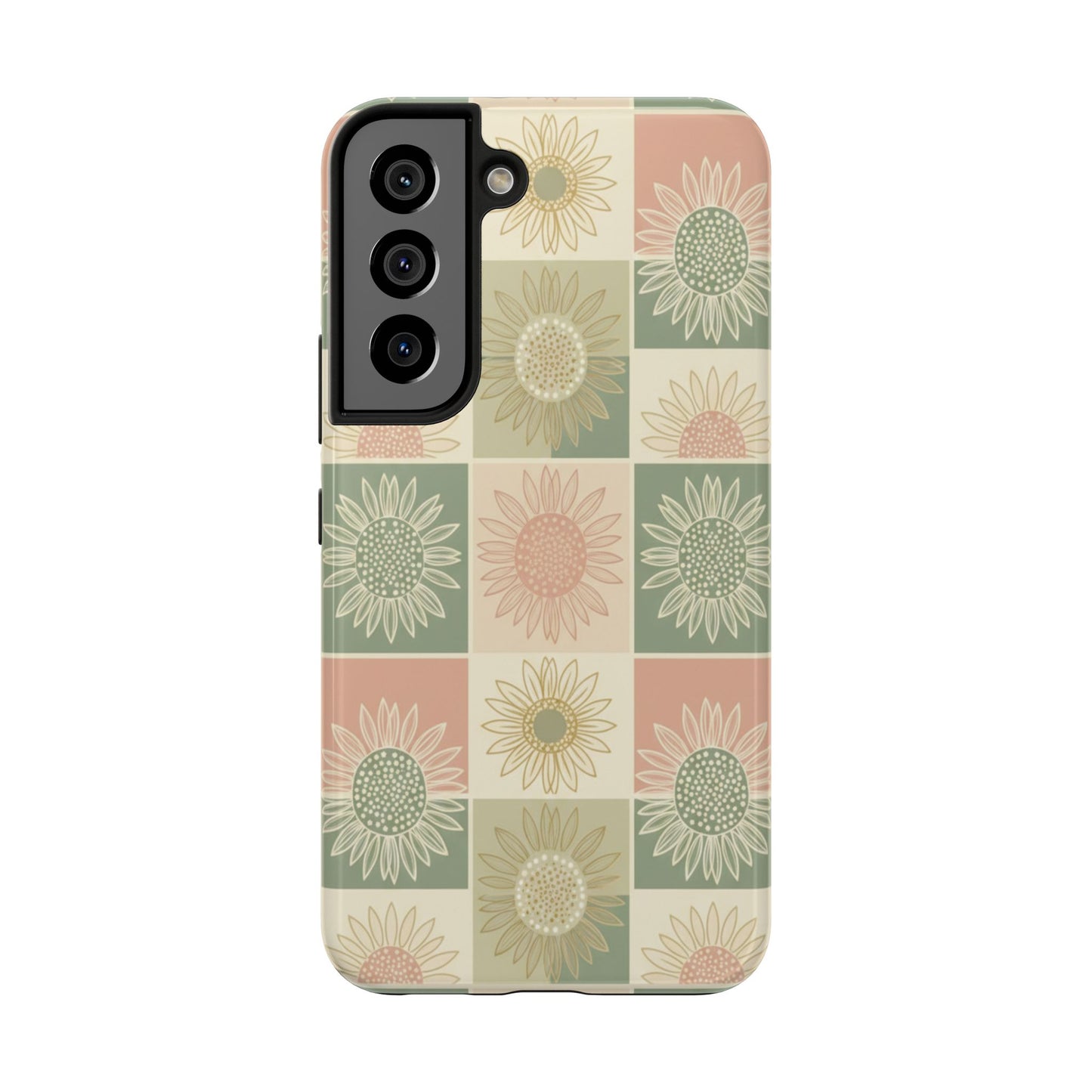 Sunflower Check iPhone Tough Phone Case — Retro Pastel Floral Protective Cover