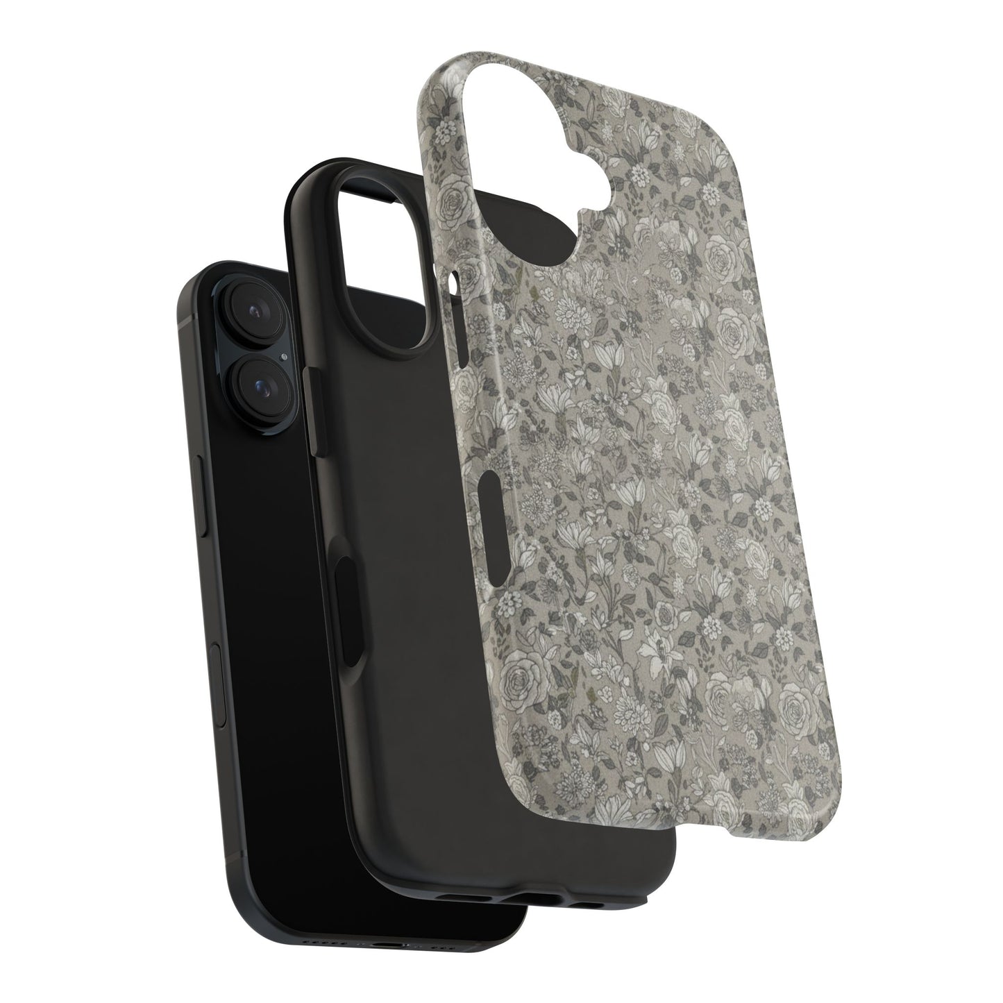 Gray Floral Tough Phone Case — Durable Protective Phone Cover with Vintage Botanical Pattern