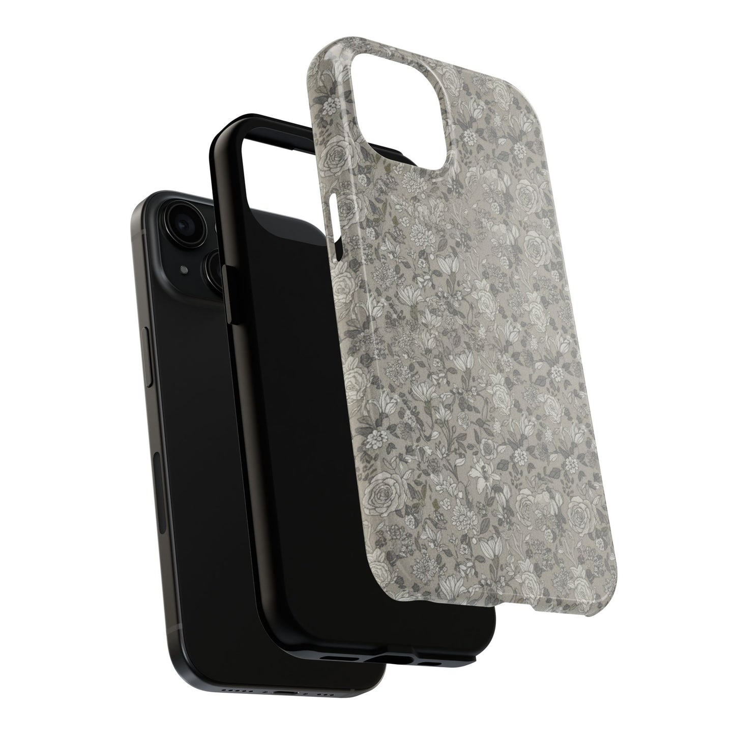 Gray Floral Tough Phone Case — Durable Protective Phone Cover with Vintage Botanical Pattern