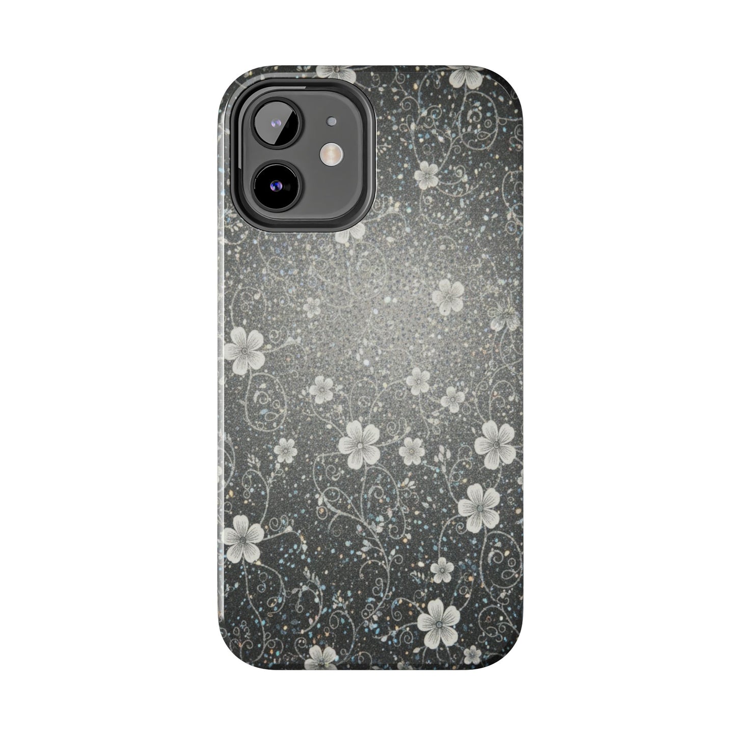 Floral Sparkle Tough Phone Case — Black & Silver Vintage Blossom