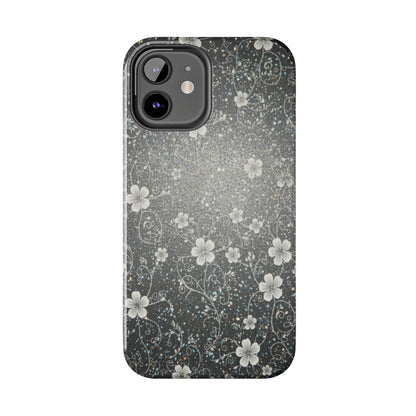 Floral Sparkle Tough Phone Case — Black & Silver Vintage Blossom