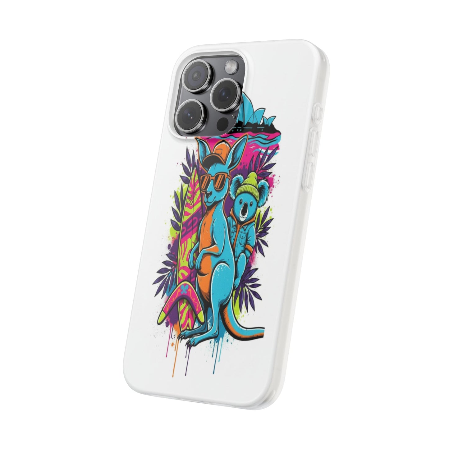 Kangaroo & Koala Surf Phone Case — Neon Aussie Beach Vibes Flexible Case