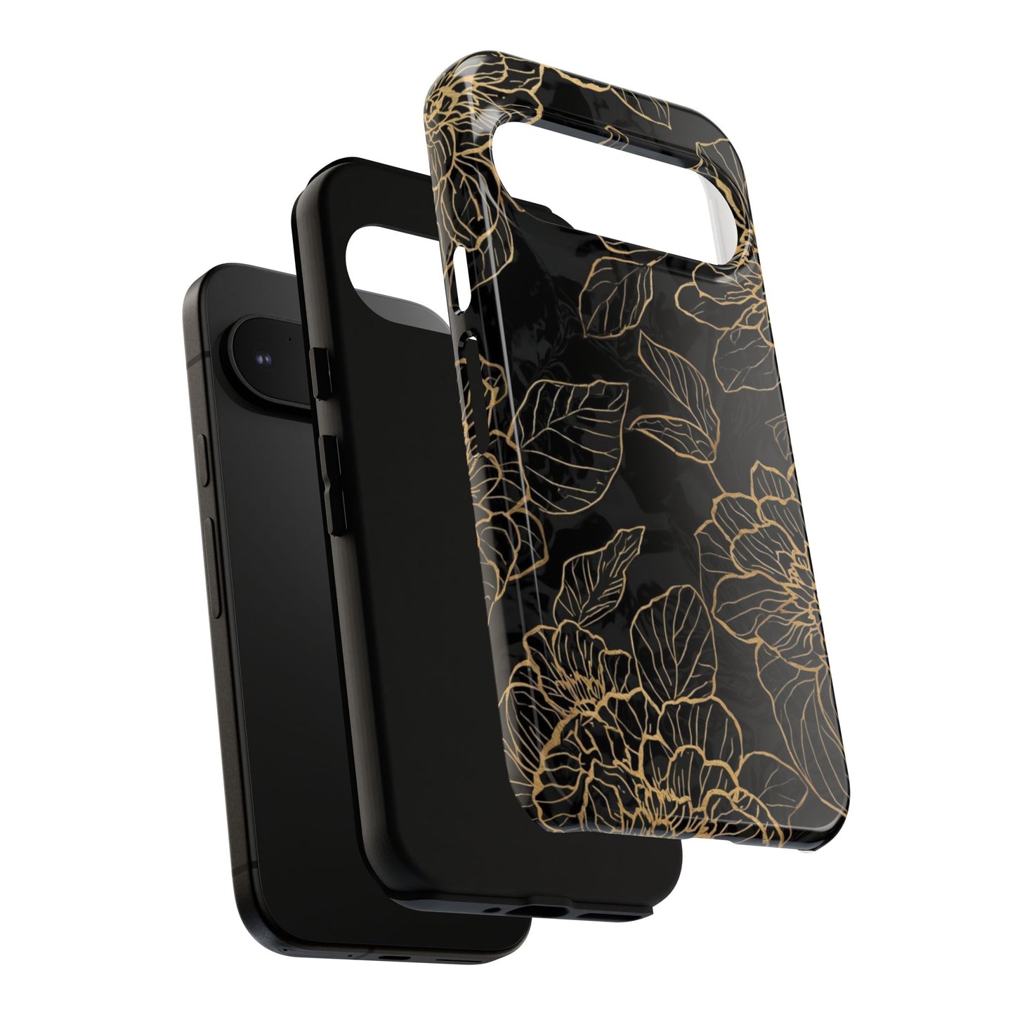Floral Gold Outline Tough Phone Case – Black Botanical Protective Cover