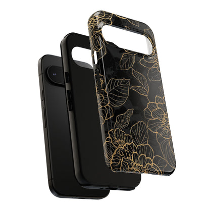 Floral Gold Outline Tough Phone Case – Black Botanical Protective Cover