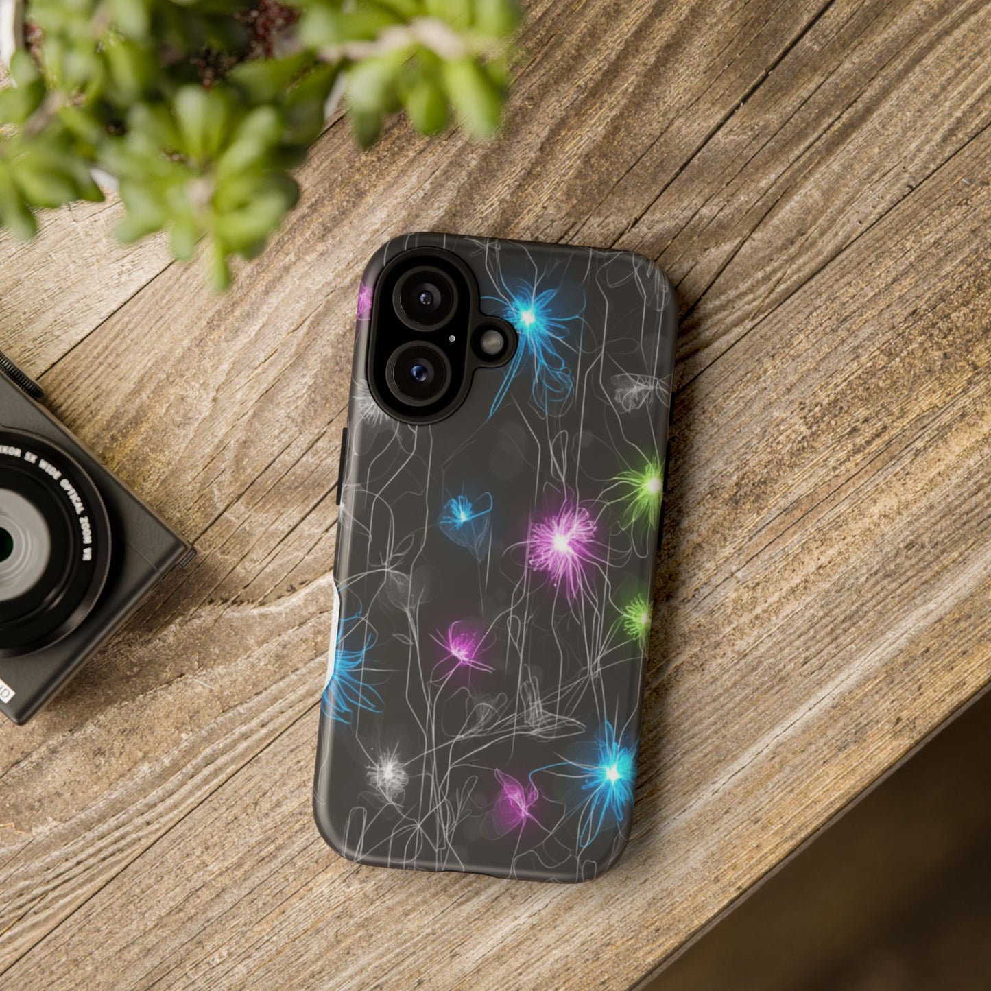 Neon Floral Tough Phone Case — Glow Flower Protective iPhone Cover