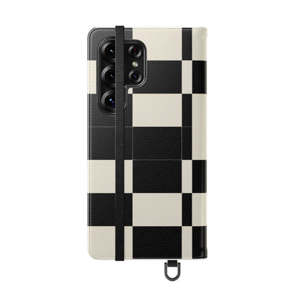 Checkered Flip Phone Case – Black & Cream Retro Grid Wallet Case