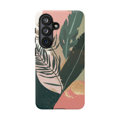 Tropical Leaf Tough Phone Case — Abstract Pink & Green Botanical Protective Cover