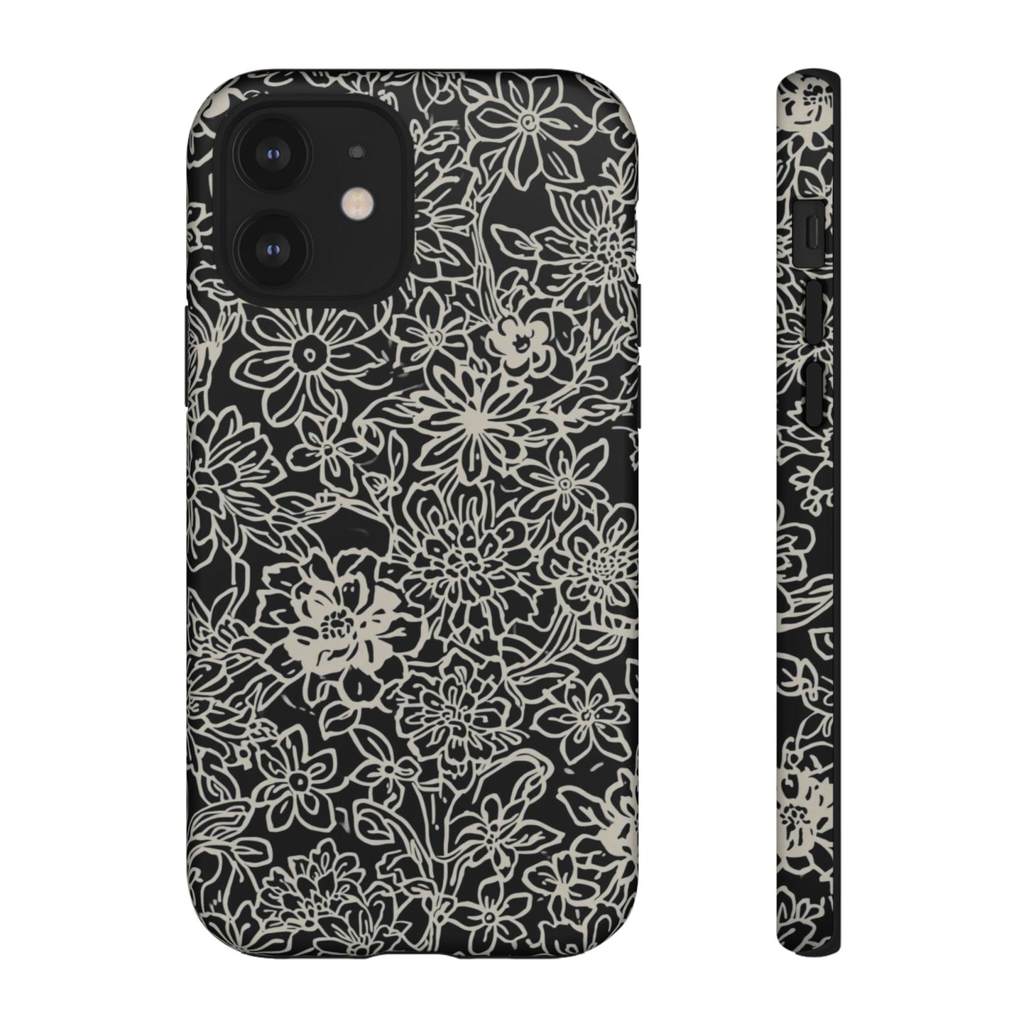 Floral Doodle Tough Phone Case — Black & White Sketch Flower Protective Cover