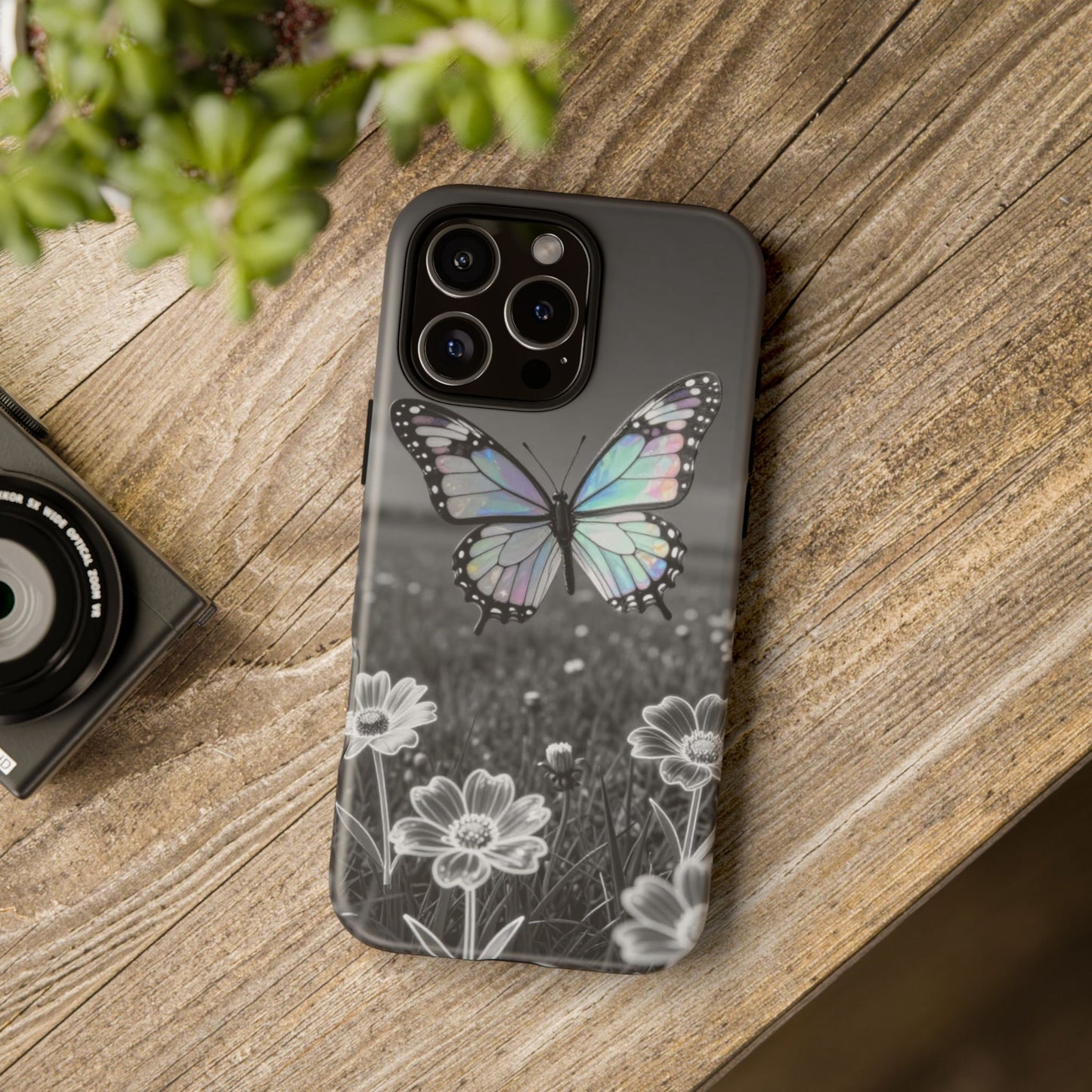 Butterfly Field Tough Phone Case — Pastel Holographic Butterfly on Black & White Floral Background