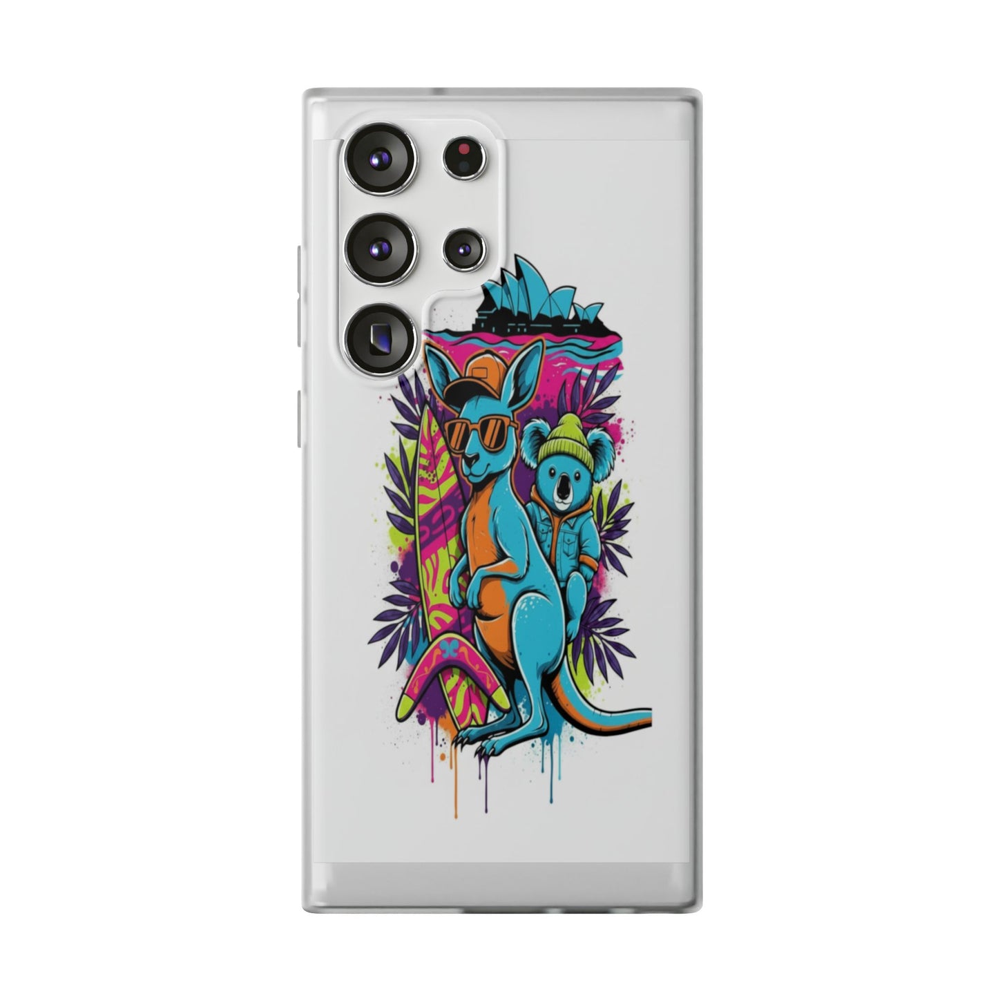 Kangaroo & Koala Surf Phone Case — Neon Aussie Beach Vibes Flexible Case