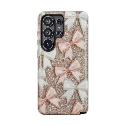 Glitter Bow Tough Phone Case — Pink & White Ribbon Protective Cover