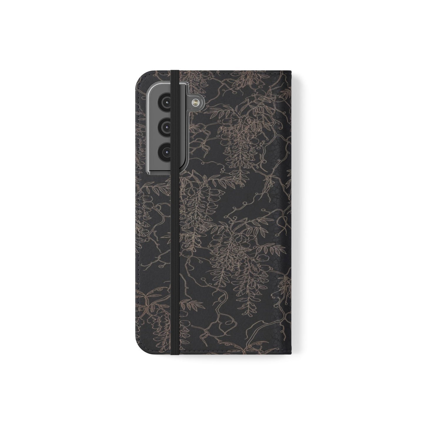 Botanical Noir Flip Phone Case — Dark Floral Wallet Cover with Card Slots