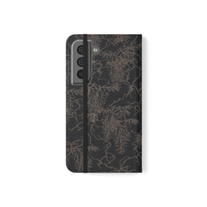 Botanical Noir Flip Phone Case — Dark Floral Wallet Cover with Card Slots