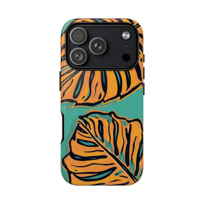 Tropical Leaf Tough Phone Case — Orange Monstera Design on Teal
