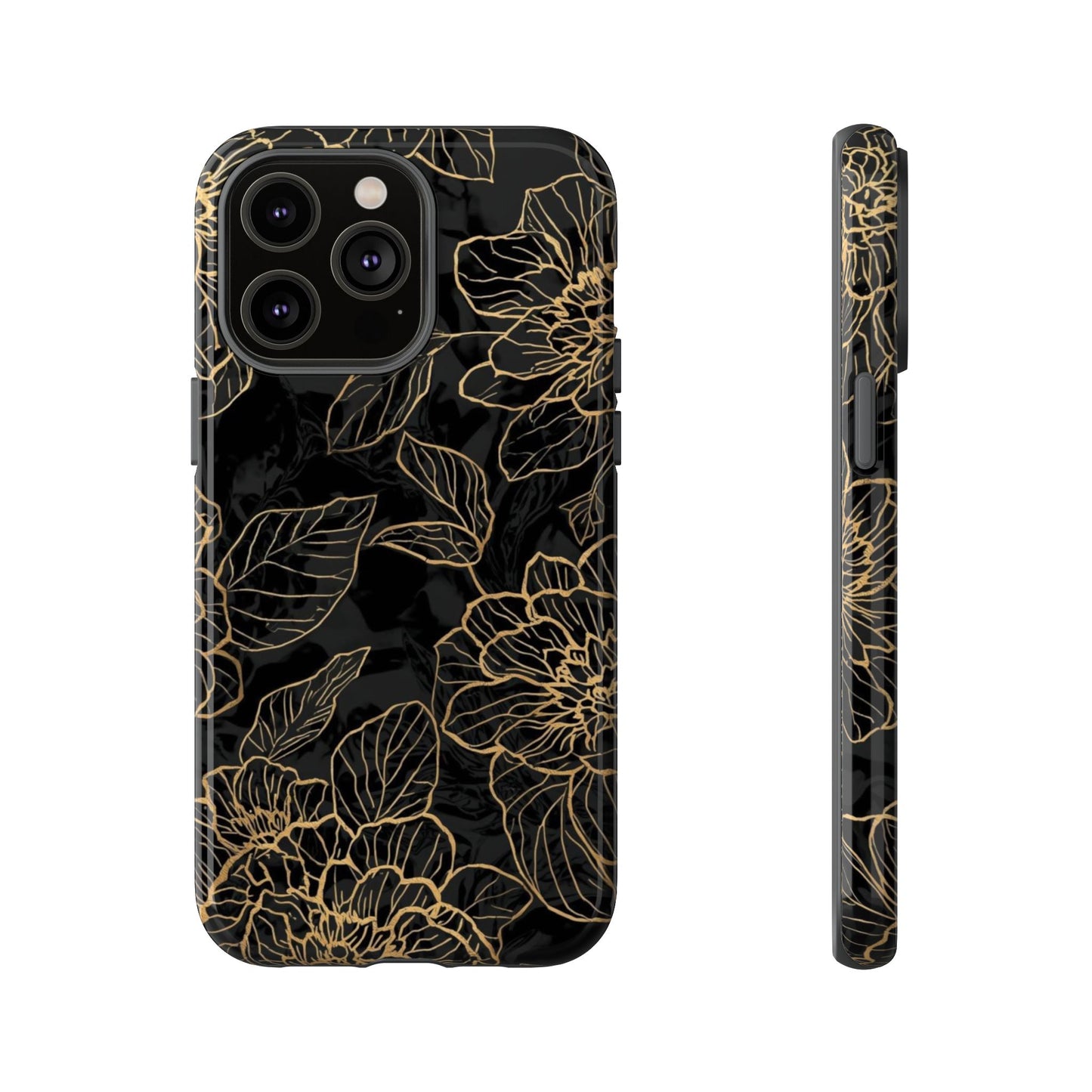 Floral Gold Outline Tough Phone Case – Black Botanical Protective Cover