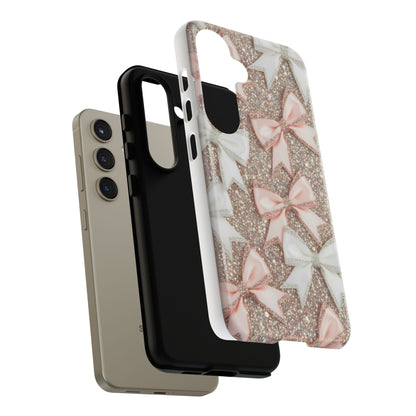 Glitter Bow Tough Phone Case — Pink & White Ribbon Protective Cover