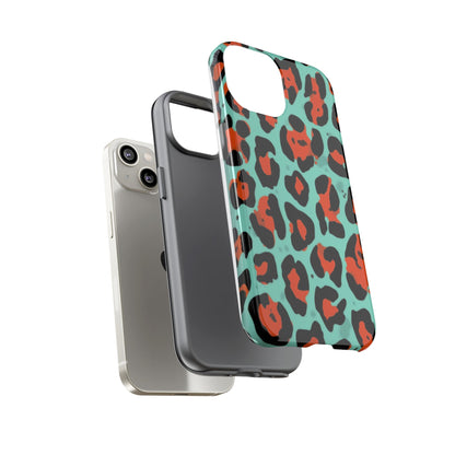 Leopard Print Tough Phone Case — Teal & Rust Protective iPhone Cover