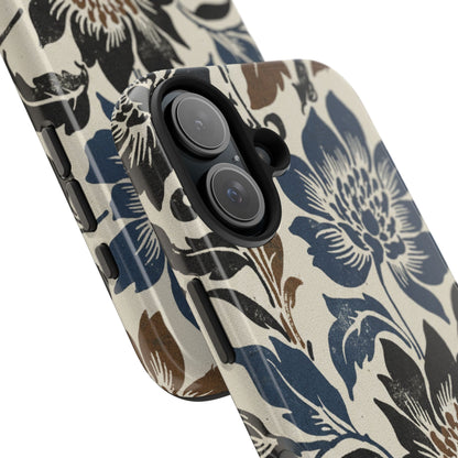 Floral Vintage Tough Phone Case — Blue & Brown Botanical Protection