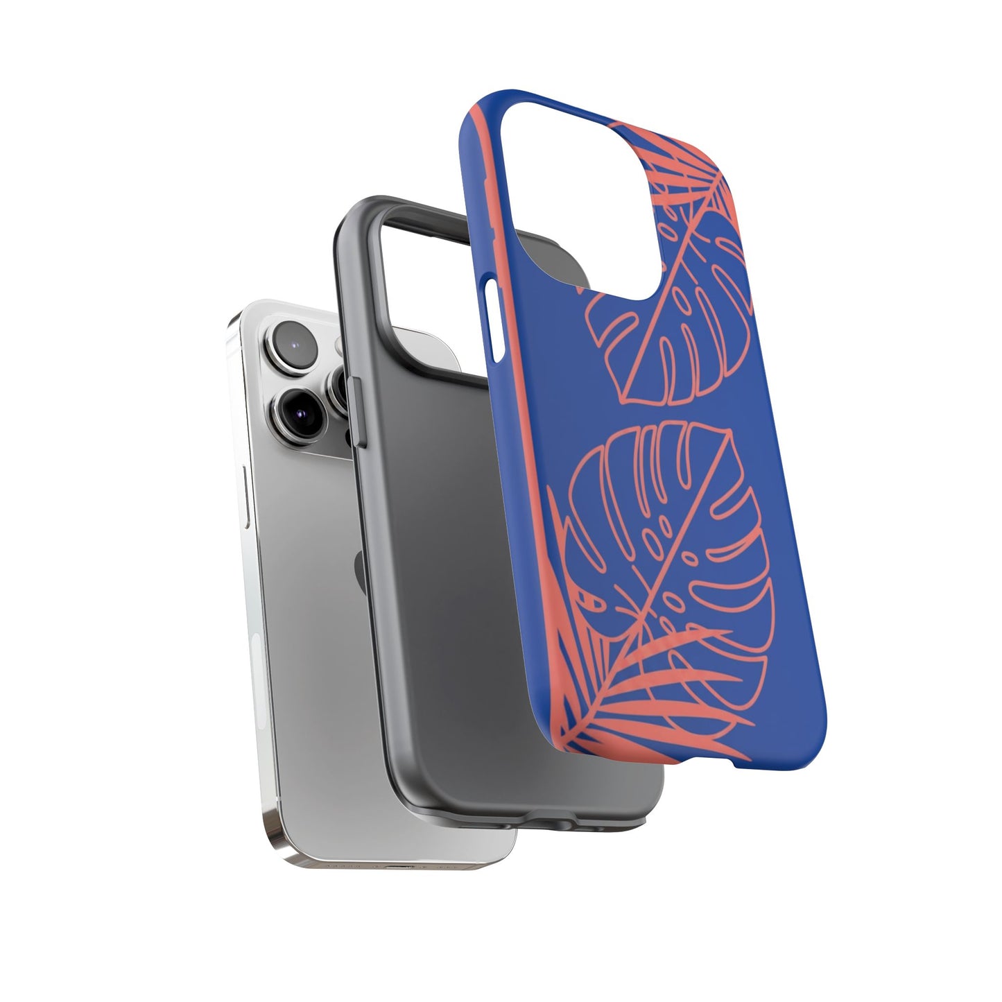Tropical Monstera Phone Case — Blue & Coral Leaf Protective Cover