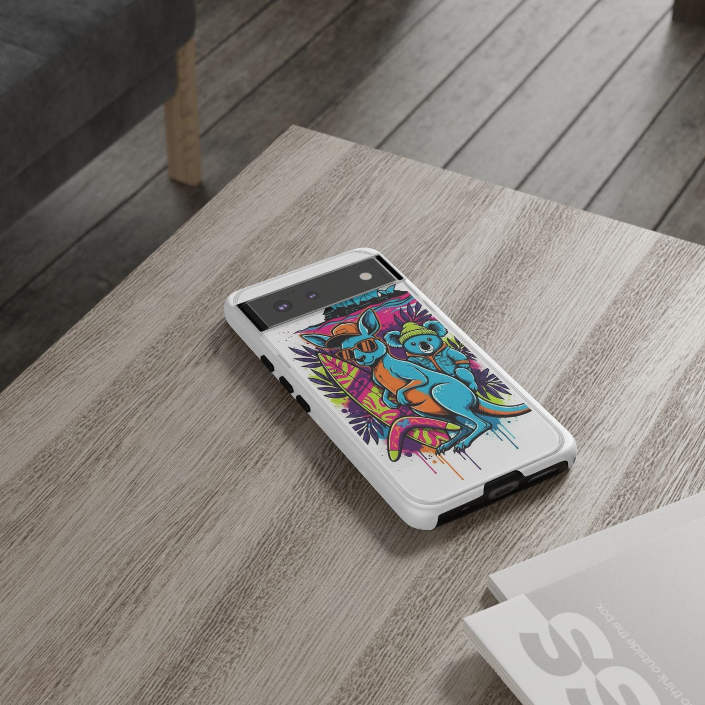 Kangaroo & Koala Surf Phone Case — Retro Neon Beach Art Tough Case