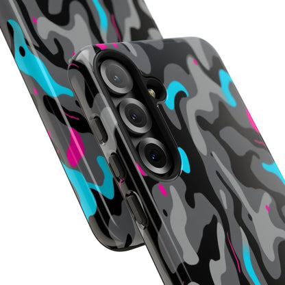 Camouflage Phone Case — Gray Camo with Neon Pink & Cyan Accent Tough Protective Cover