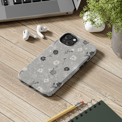 Floral Glitter Tough Phone Case — Black & Silver Vintage Flower Protective Cover