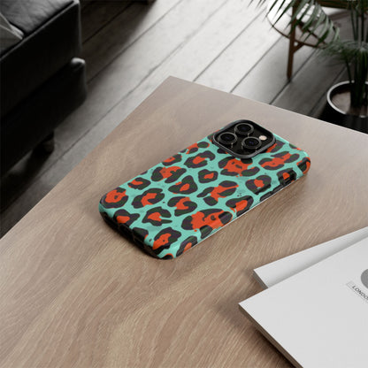 Leopard Print Tough Phone Case — Teal & Rust Protective iPhone Cover