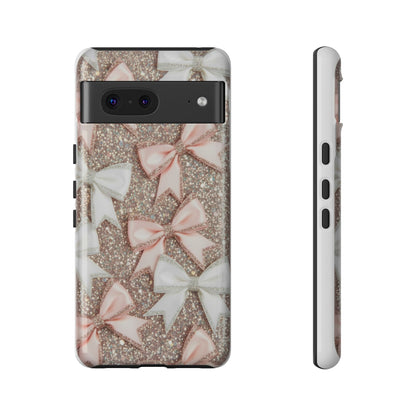 Glitter Bow Tough Phone Case — Pink & White Ribbon Protective Cover