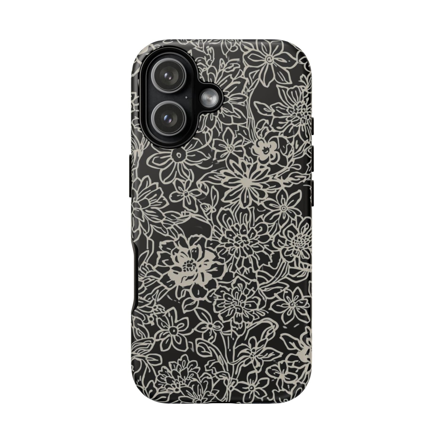 Floral Doodle Tough Phone Case — Black & White Sketch Flower Protective Cover