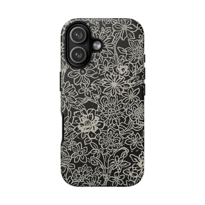Floral Doodle Tough Phone Case — Black & White Sketch Flower Protective Cover