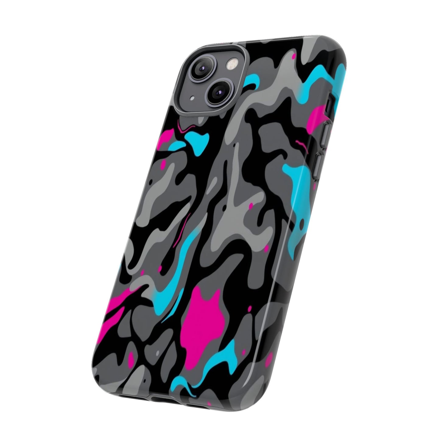 Camouflage Phone Case — Gray Camo with Neon Pink & Cyan Accent Tough Protective Cover