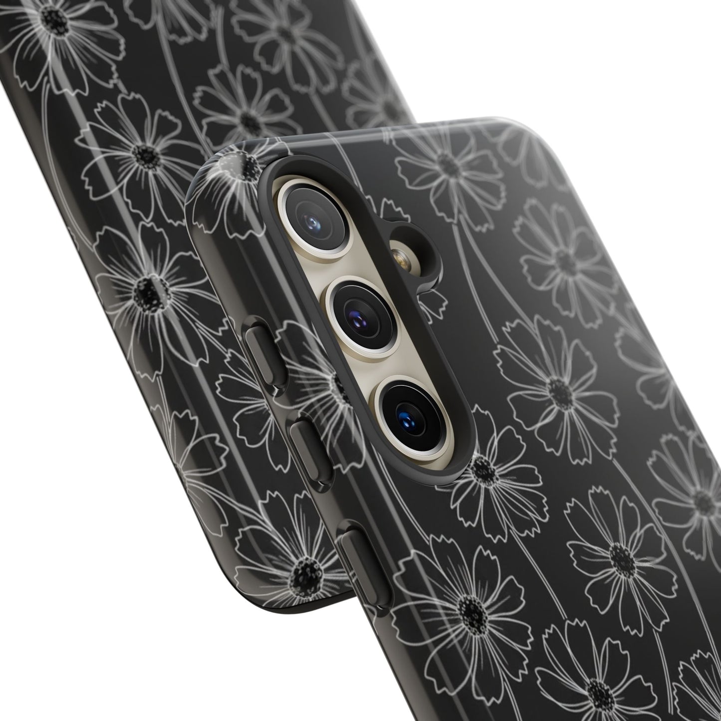 Floral Doodle Tough Phone Case — Black & Gray Daisy Pattern