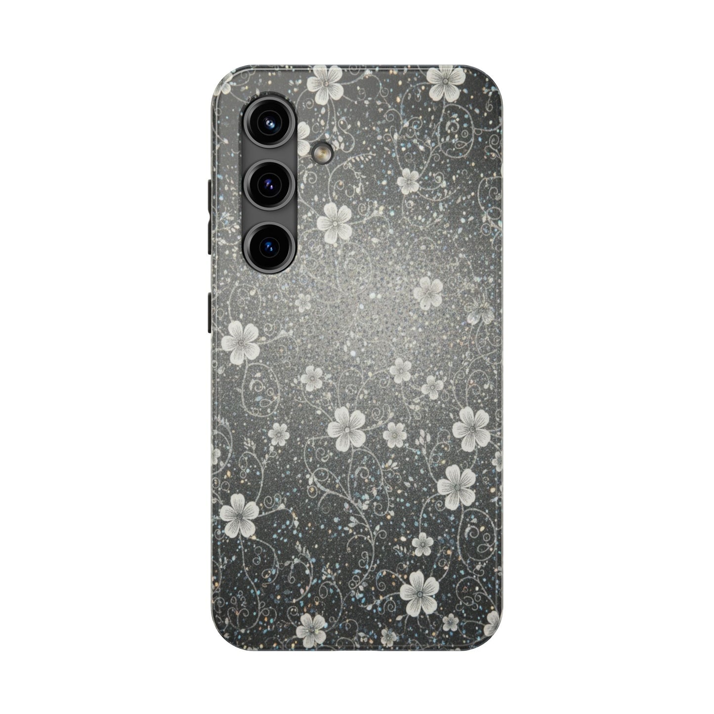 Floral Sparkle Tough Phone Case — Black & Silver Vintage Blossom