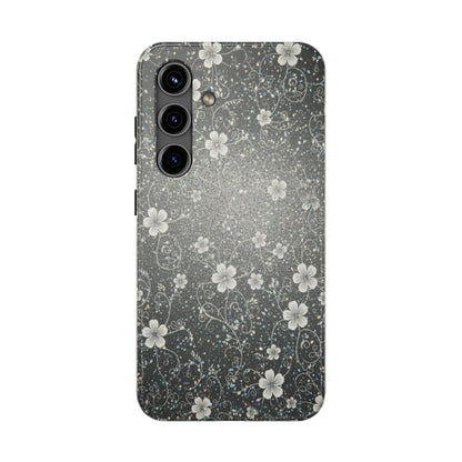 Floral Sparkle Tough Phone Case — Black & Silver Vintage Blossom