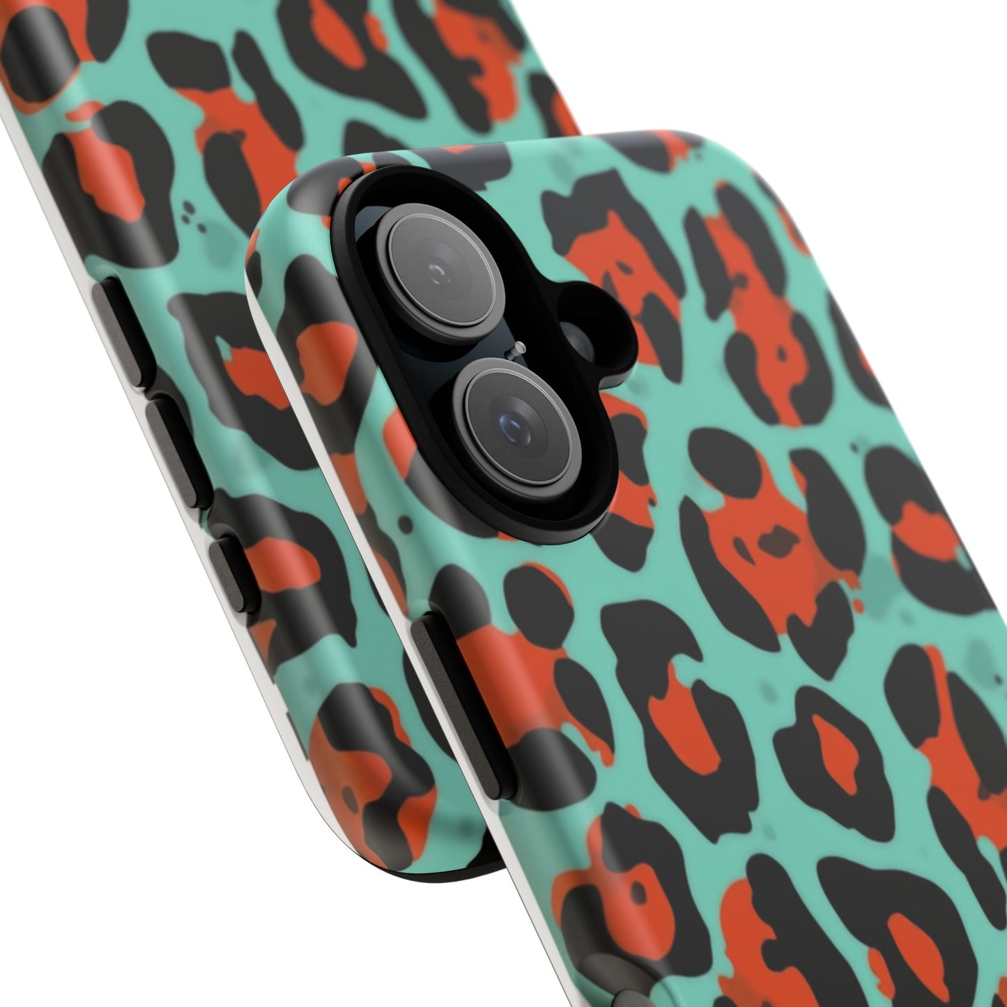 Leopard Print Tough Phone Case — Teal & Rust Protective iPhone Cover