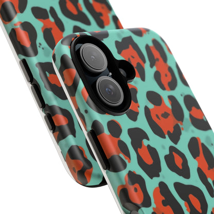 Leopard Print Tough Phone Case — Teal & Rust Protective iPhone Cover