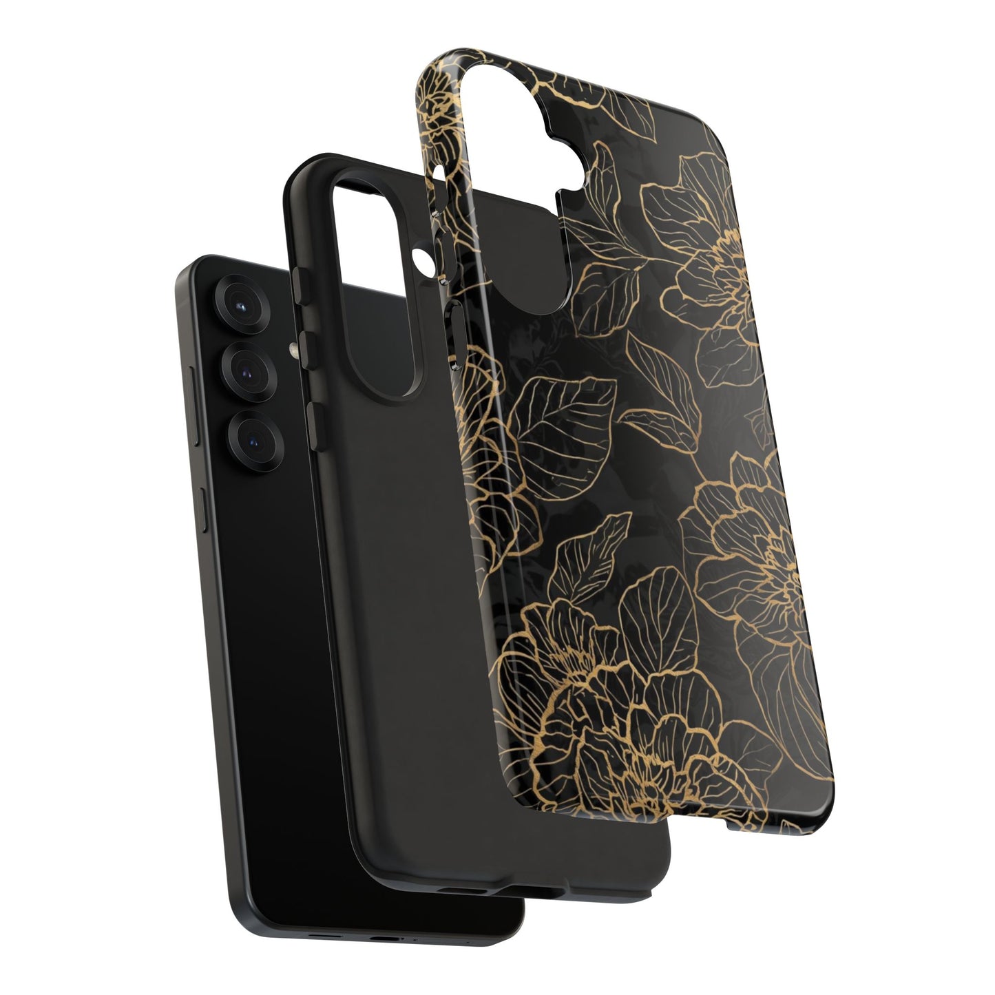 Floral Gold Outline Tough Phone Case – Black Botanical Protective Cover