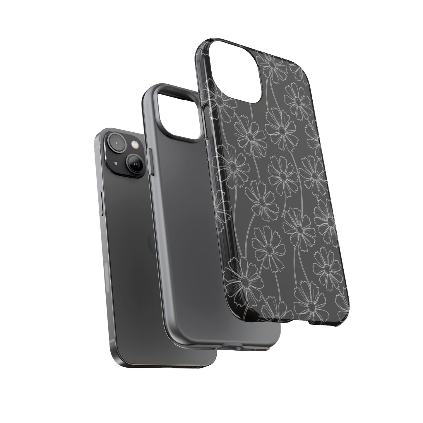 Floral Doodle Tough Phone Case — Black & Gray Daisy Pattern