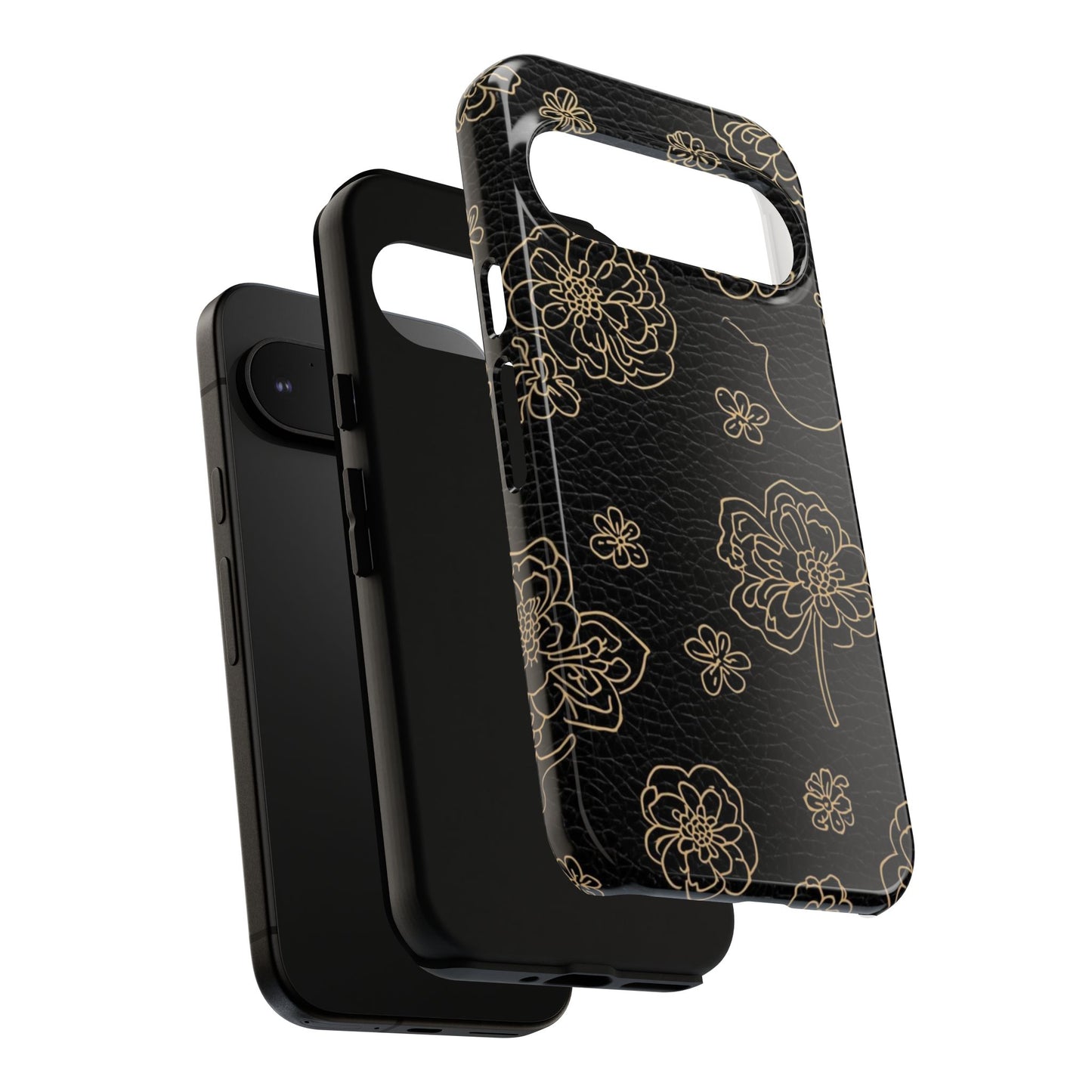 Floral Leather-Texture Tough Case – Black Gold Outline Phone Cover