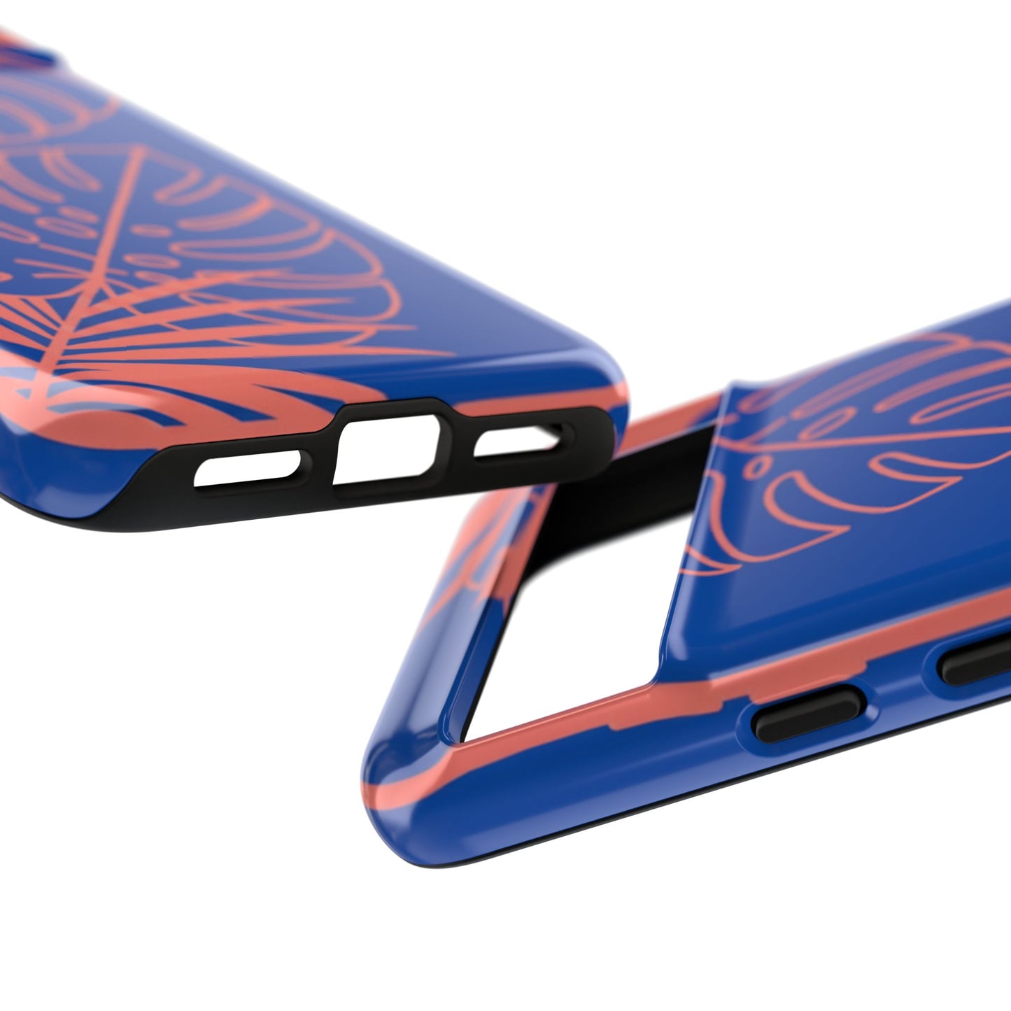 Tropical Monstera Phone Case — Blue & Coral Leaf Protective Cover