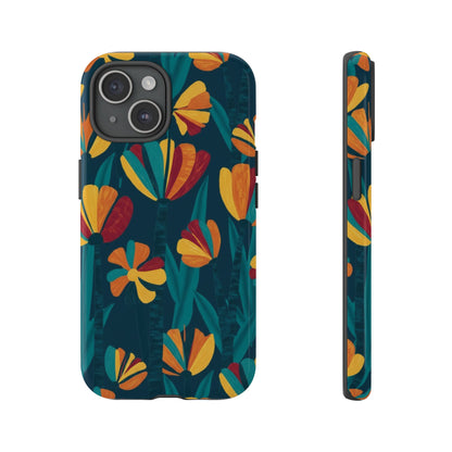 Floral Retro Teal Tough Phone Case — Vibrant Orange & Mustard Blooms