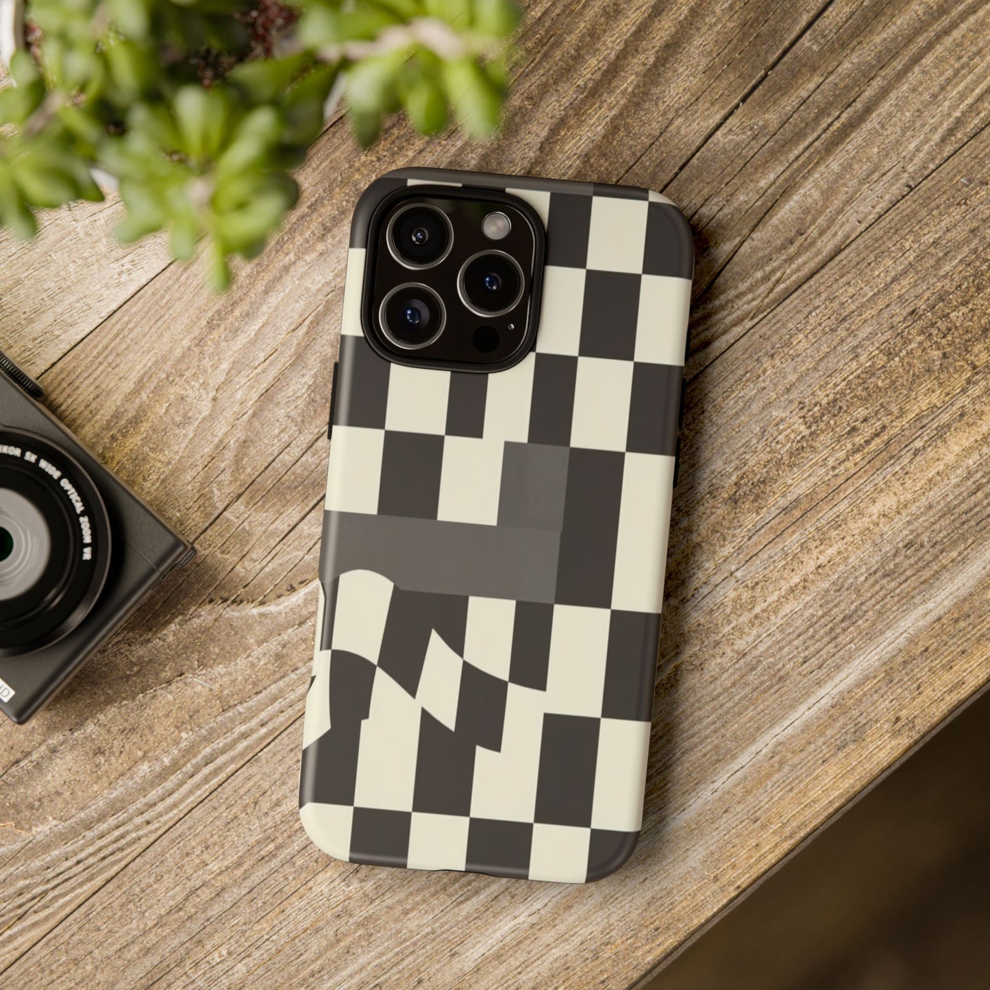 Checkerboard Wave Phone Case — Black & Cream Graphic Tough Case
