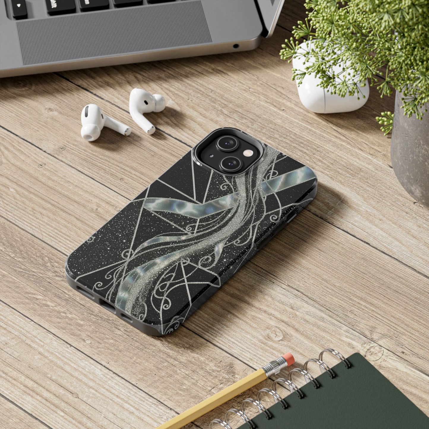 Geometry Tough Phone Case — Iridescent Ribbon on Black Celestial Background