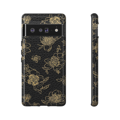 Floral Leather Phone Case — Gold Outline Flowers on Black Tough Case